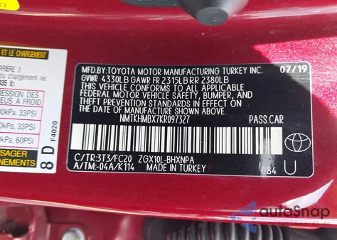 2019 Toyota C-Hr Le из США, поврежденный, VIN NMTKHMBX7KR097327